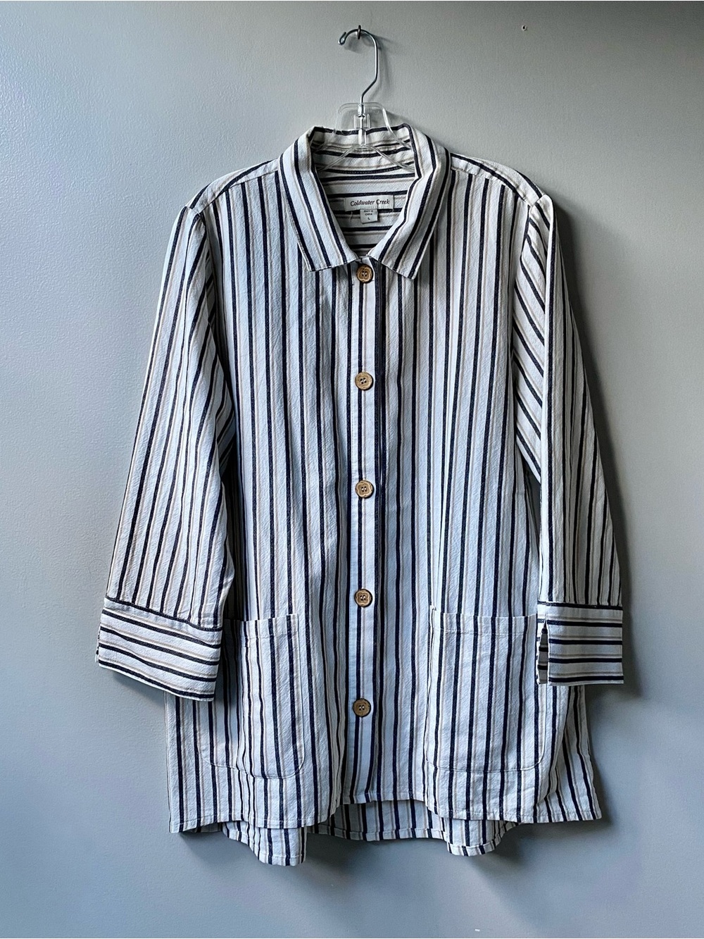 Coldwater Creek Cream, Black & Tan Striped Button-Front Shirt Jacket